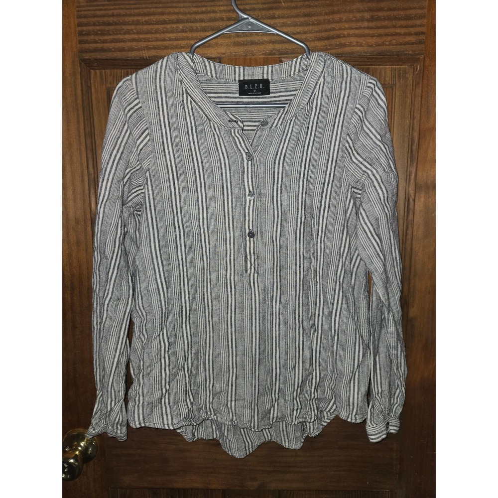 B.L.E.U. Grey White Striped Linen Blend Henley‎ Blouse Long Sleeve Medium